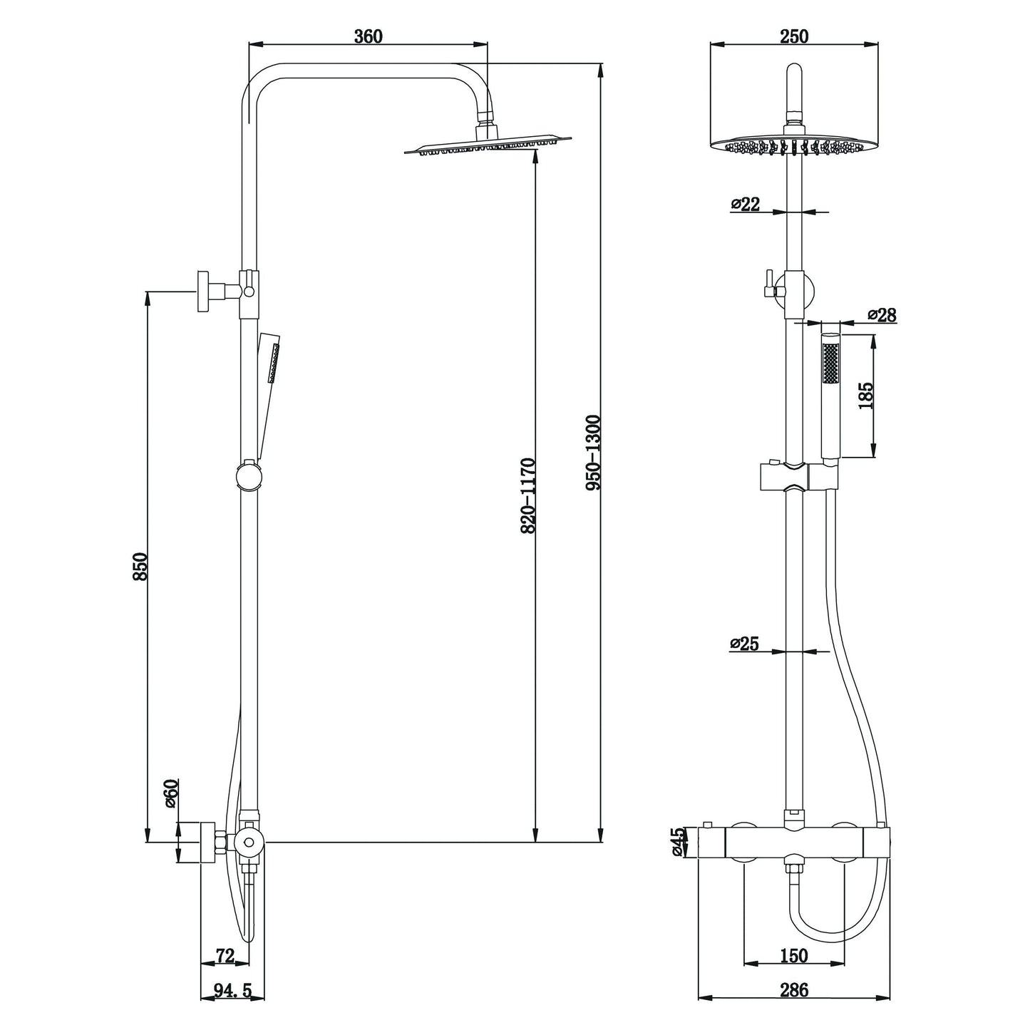 Duschset mit Thermostatmischer und quadratischem Duschkopf – Mattschwarz