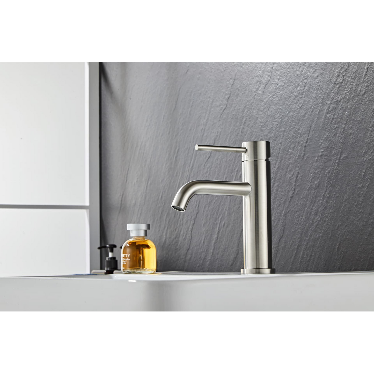 Washbasin fitting w/angled spigot - Slim - Brushed steel 