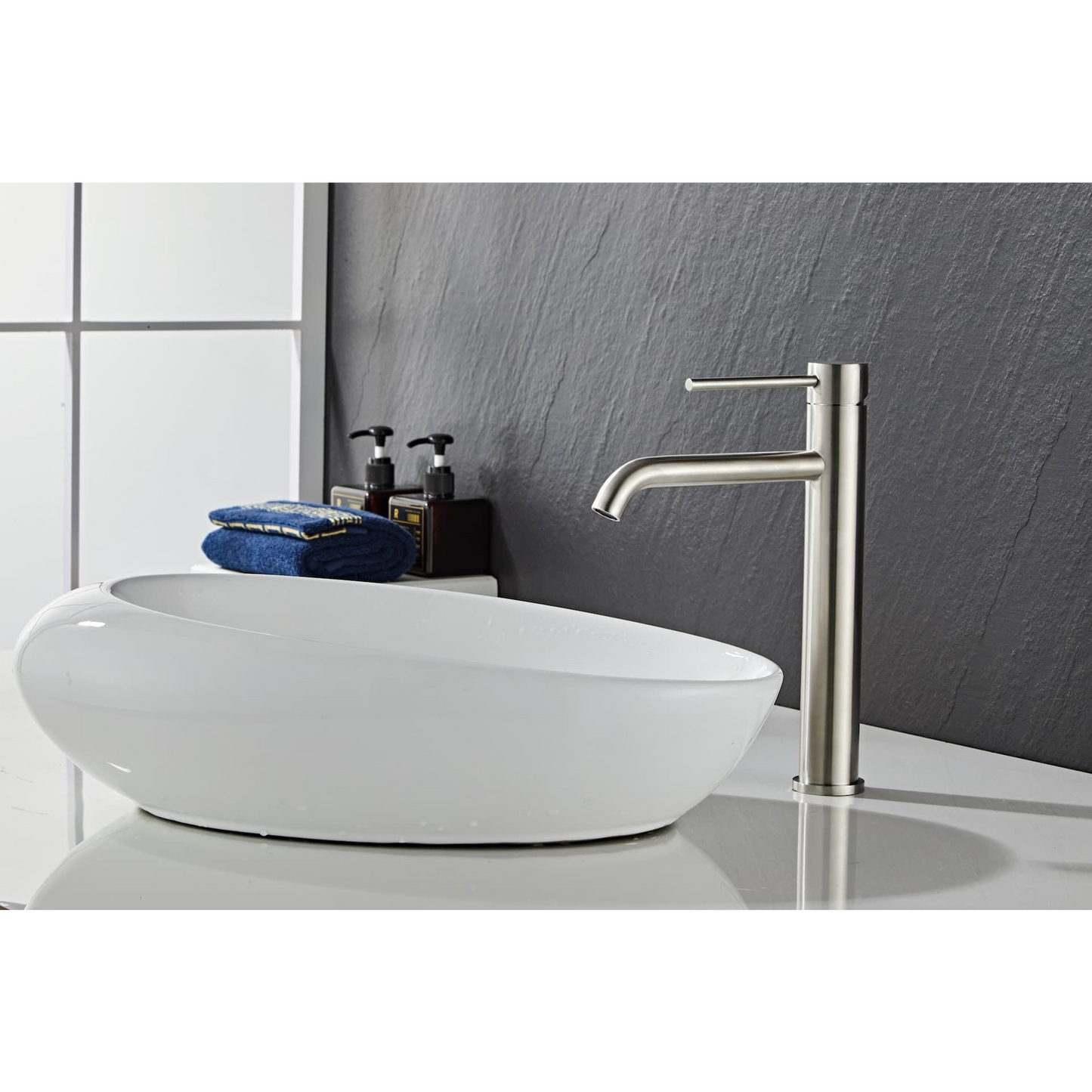 Washbasin fitting w/angled end spout - Tall - Slim - Brushed steel