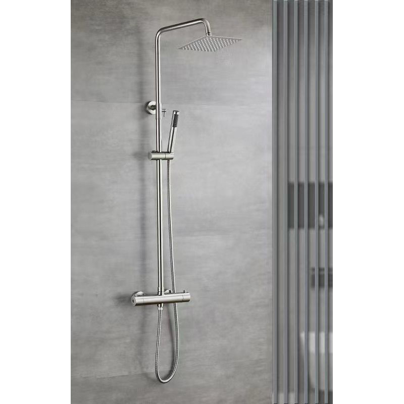 Shower set with thermostatic mixer and square shower head - Brushed steel