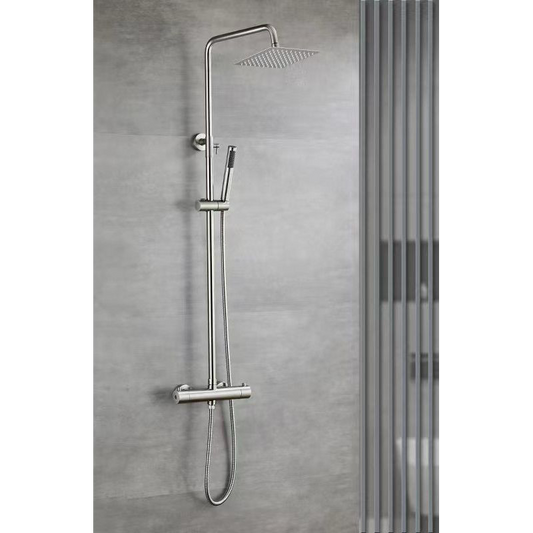 Shower set with thermostatic mixer and square shower head - Brushed steel