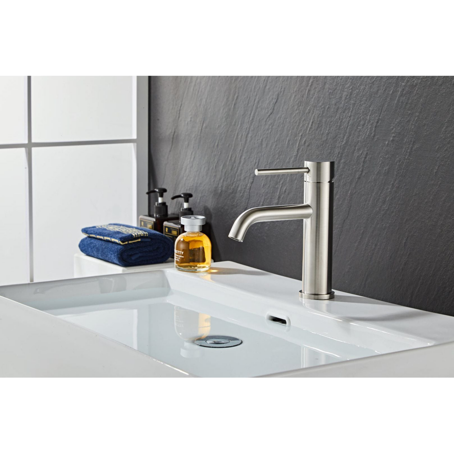 Washbasin fitting w/angled spigot -Slim - Brushed steel